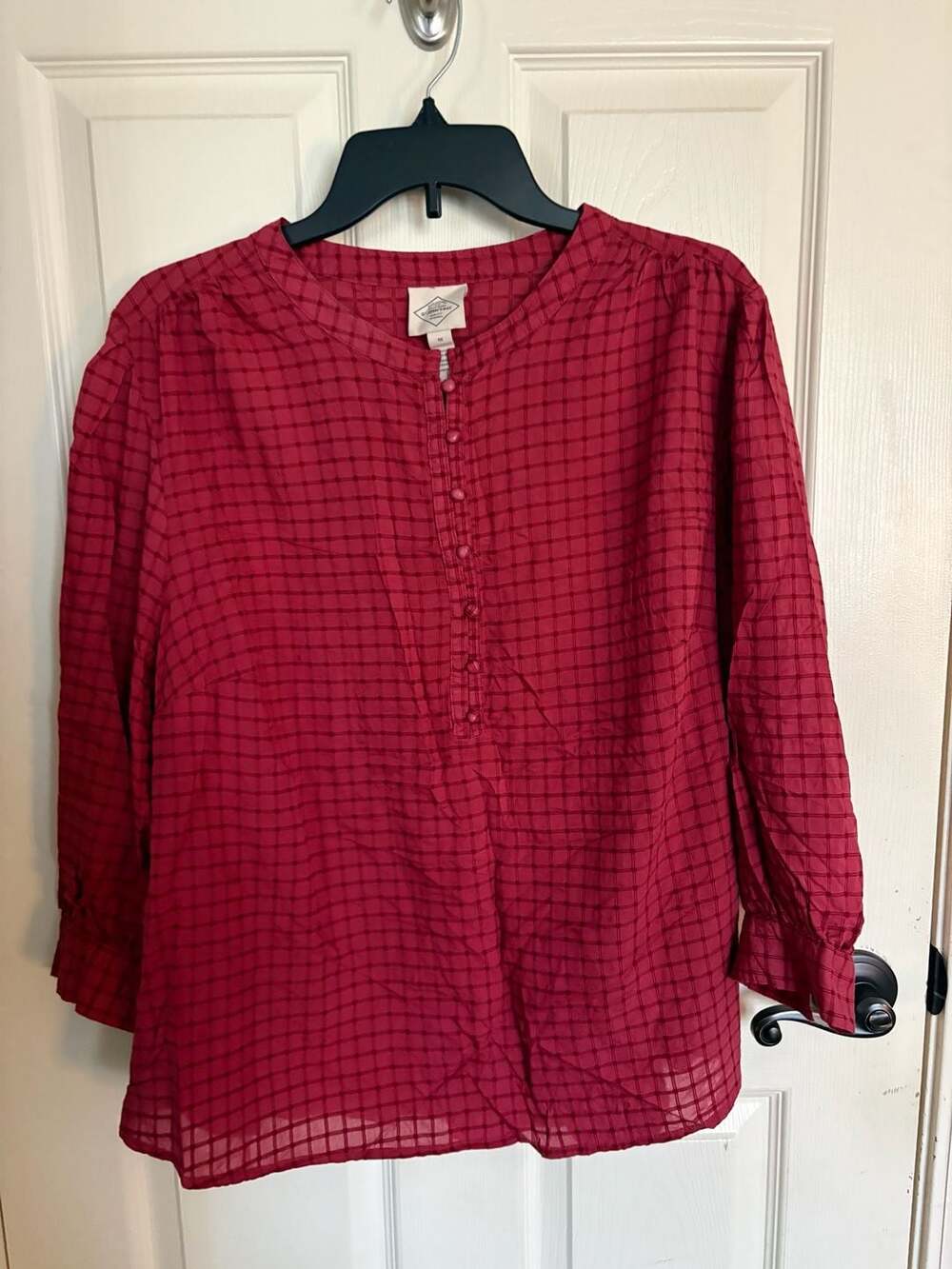 St. John's Bay Women's Red Textured Plaid Henley Blouse 1X